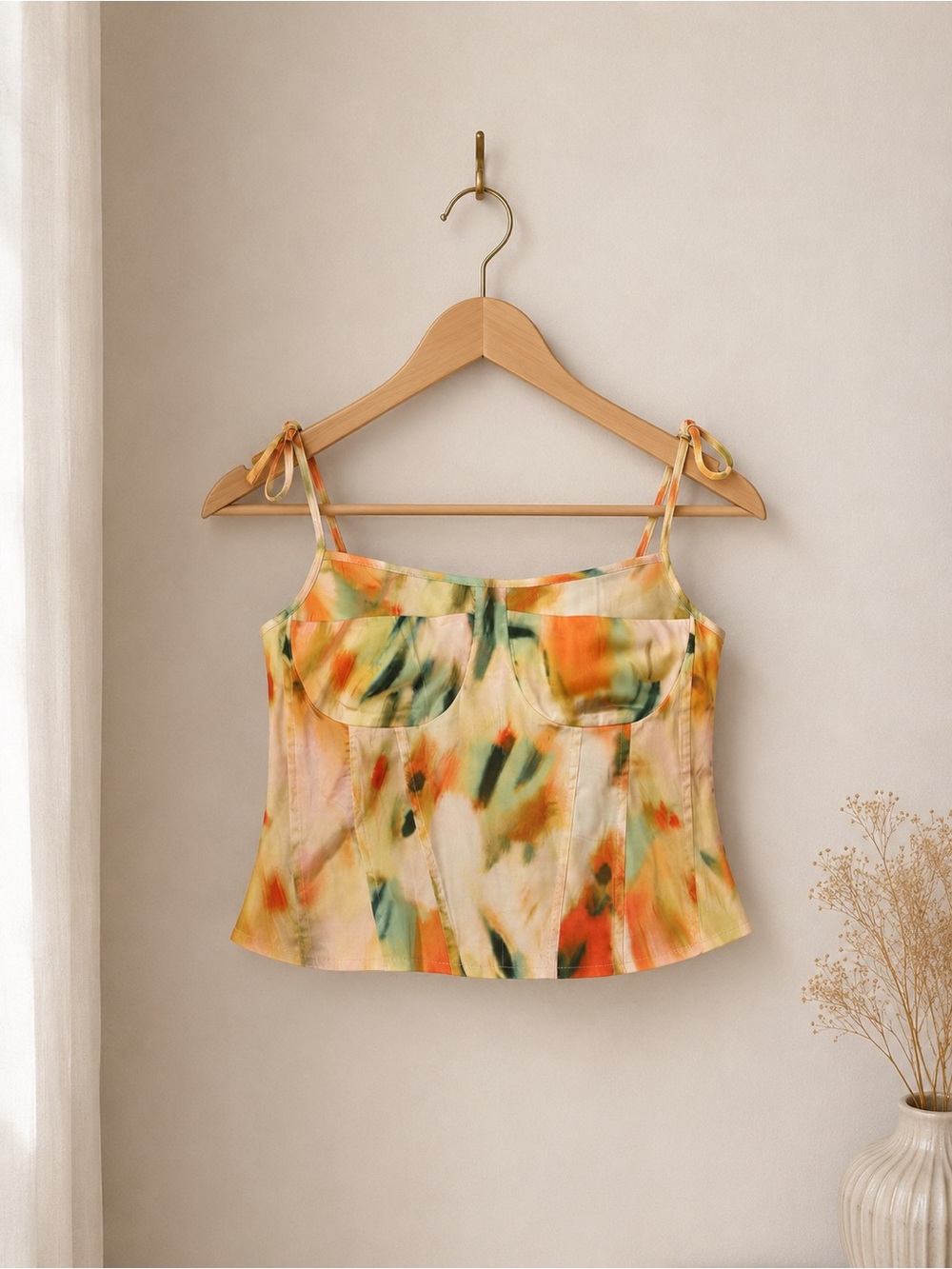 Tie-Strap Watercolor Print Cami Top - Yellow/Green/Orange